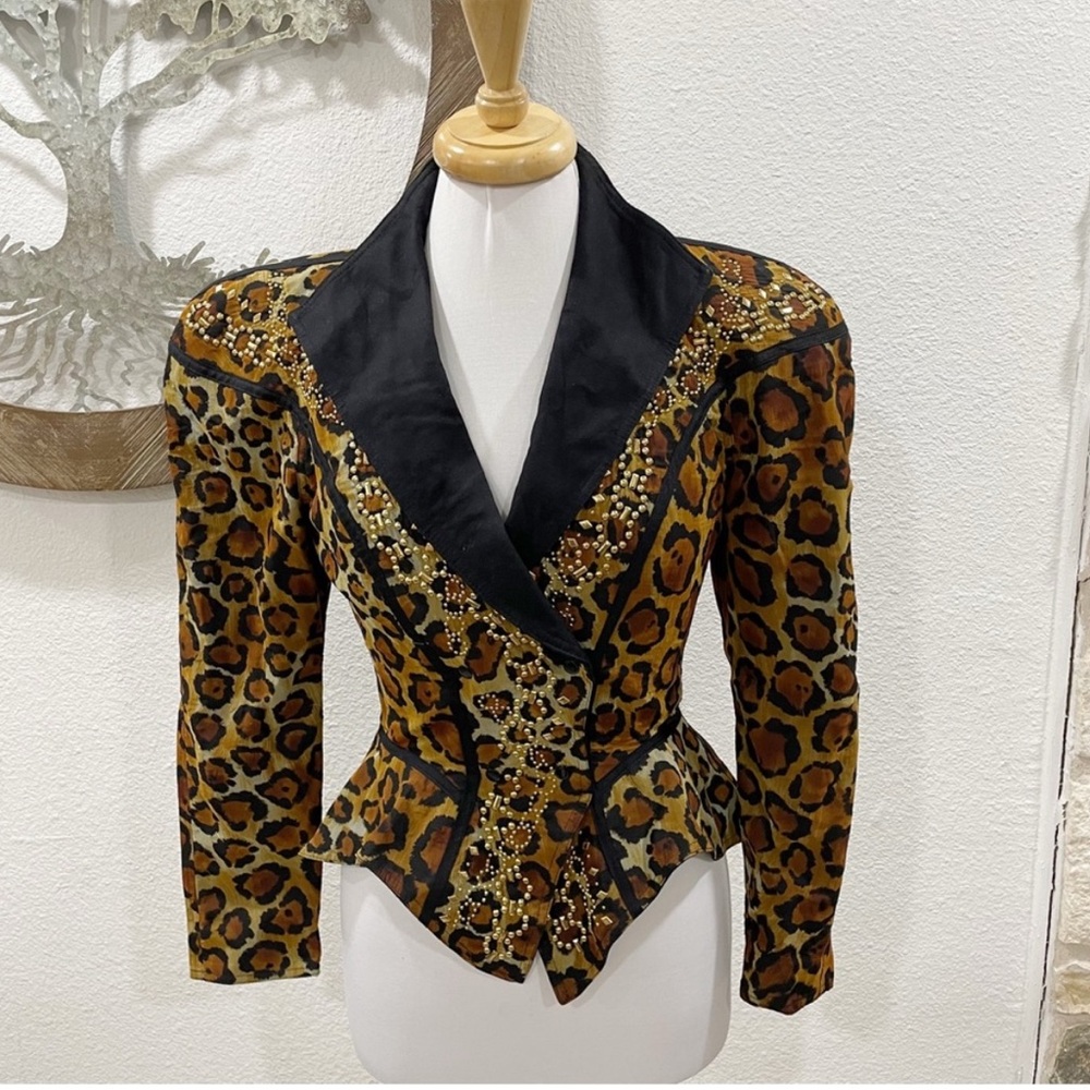 Vintage IIF Leopard Print Blazer Jacket Gold Embellished 80s Glam